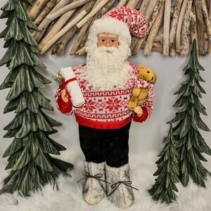 Special Delivery Standing Santa w/ Cozy Sweater, Teddy & Presents, 19”